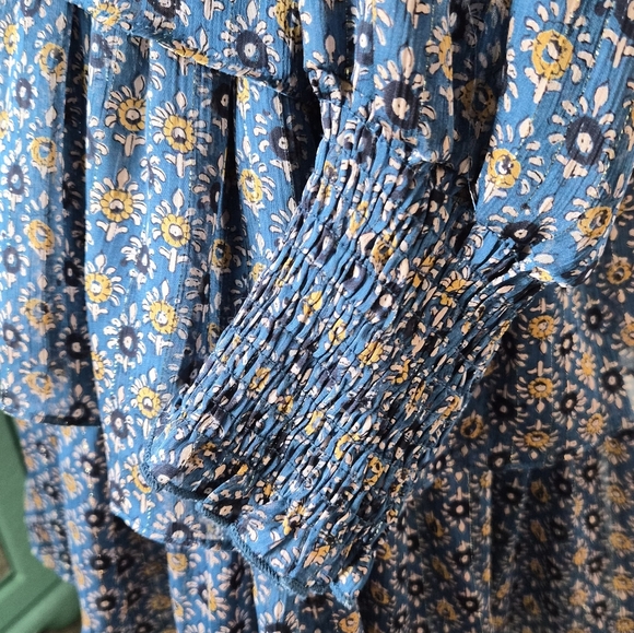 RESET Blue Floral Ruffle Tiered Mini Dress Long Sleeve Boho Dress Size S - Picture 6 of 13